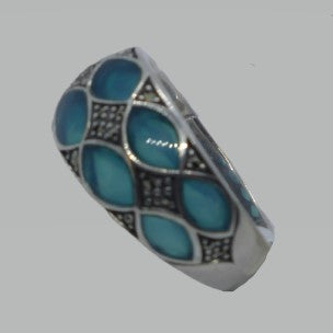 Ring Silber 925 Blue enamelled durchscheinend Markasit handgefasst