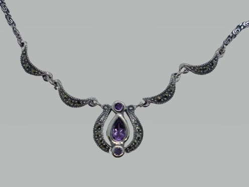 Kette Silber 925 Amethyst Markasit handgefasst Federring