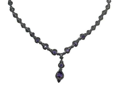 Collier Silber 925 Amethyst Markasit handgefasst , Sicherheits-Zierverschluss