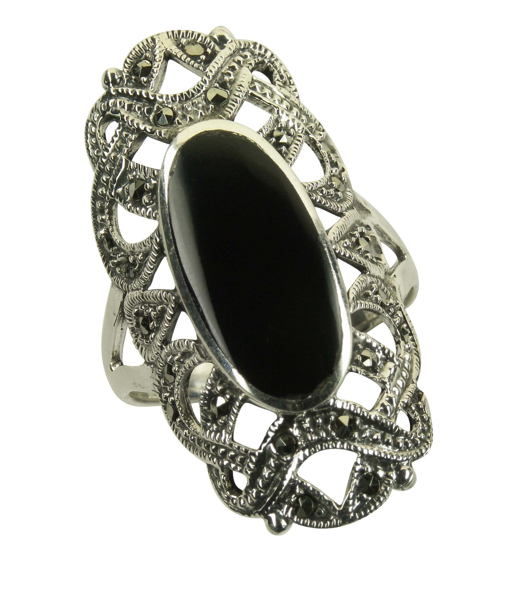 Ring Silber Markasit mit Onyx - Gr. 58