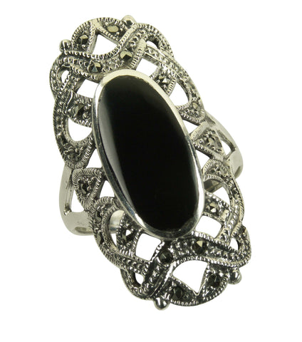 Ring Silber Markasit mit Onyx - Gr. 58